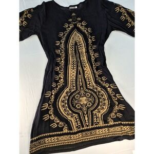 Earthbound Trading Co Womens Dress Short Sz S Blk  Gold Design Elastic Waistline